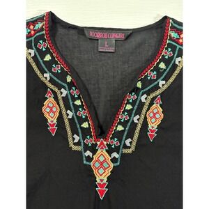 Rock and Roll Cowgirl Black Embroidered Southwestern V-Neck Blouse Large WC0042